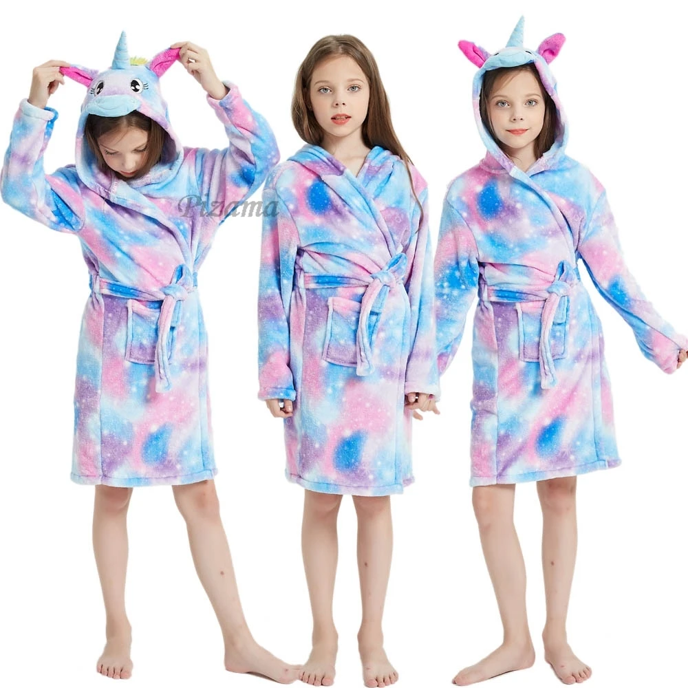 Girl Hooded Bathrobe Cartoon Unicorn And Rainbow Pattern Flannel Soft Warm Pocket Waistband Long Robe Pajamas Children Pajamas