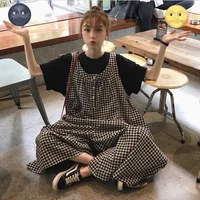 Retro Japanese Plaid Workwear Overalls Women Summer Loose Casual Sli Straight Leg Wide Leg Jumpsuit Trendy High Waist Nin...