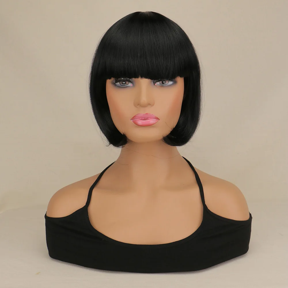 QQXCAIW Natural Short Straight Bob Wig For African American Women Cosplay Black Heat Resistant Synthetic Hair Daily Wigs |