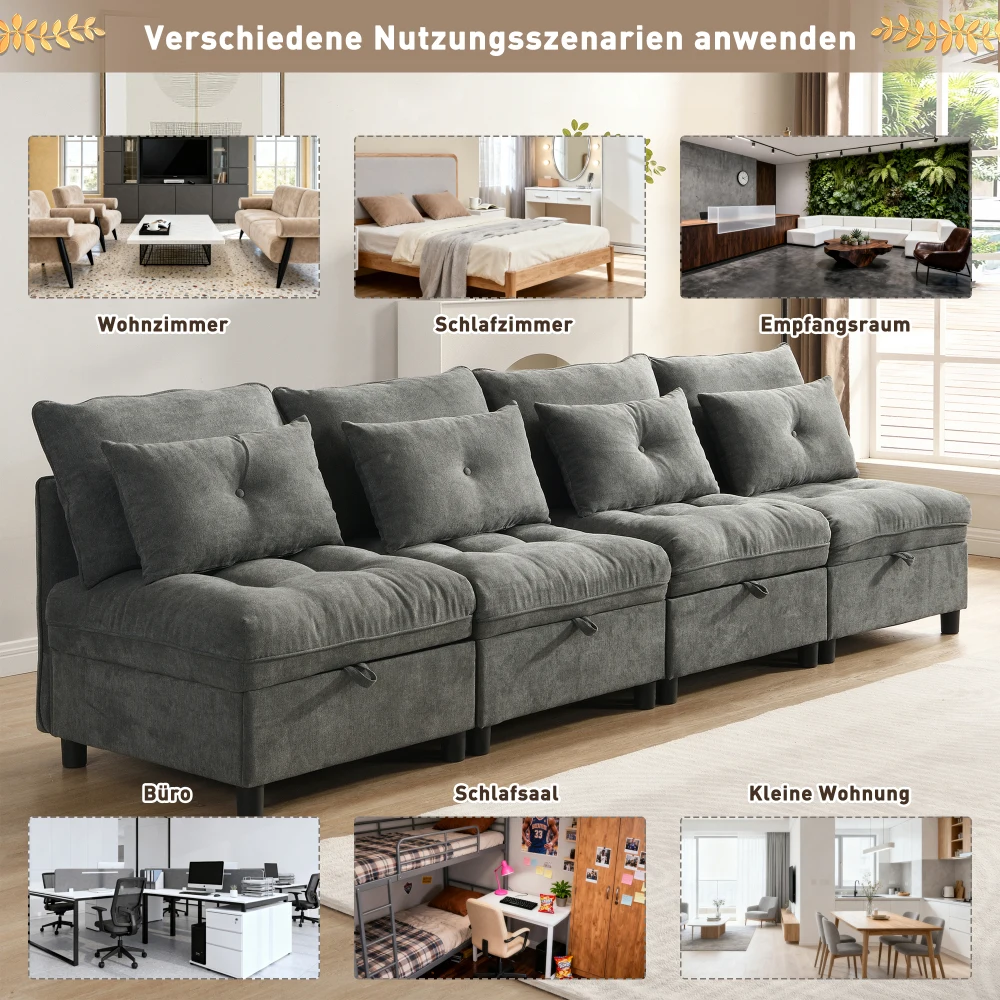 Modulares, trennbares 4-Sitzer-Sofa-Set – multifunktionales Schlafsofa, frei kombinierbar, Chenille-Bezug mit vollständiger Sitzkissen-Aufbewahrung – Detail 12