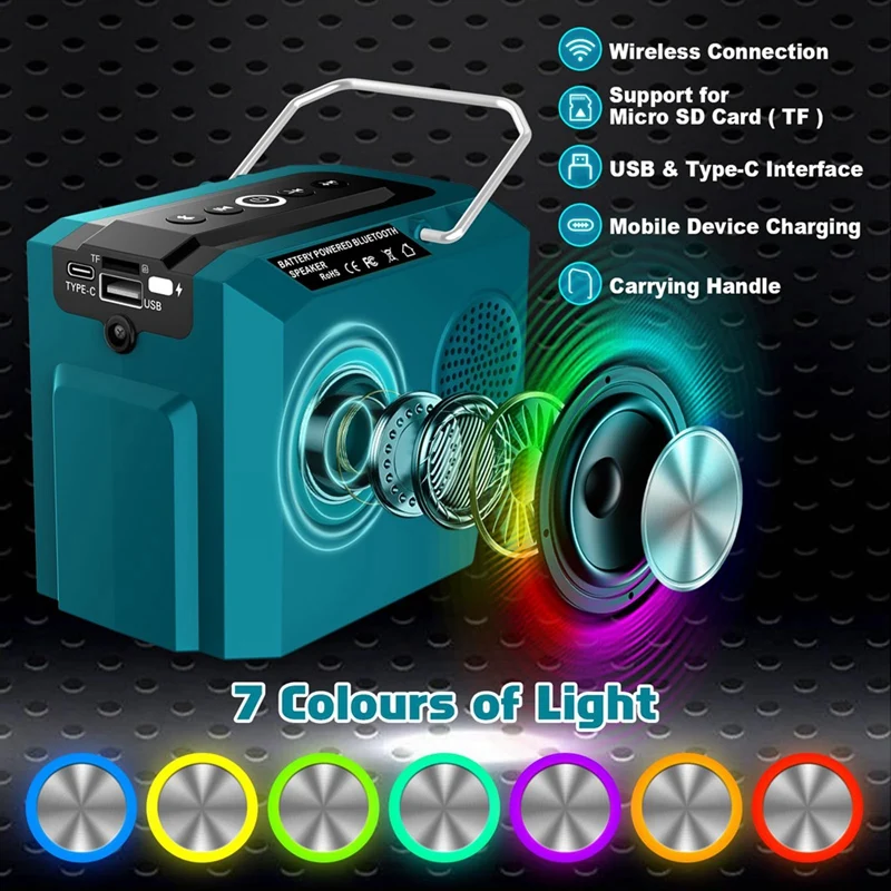 Wireless Bluetooth Speaker For 18-20V Batteries With USB Type-C Port TWS Loudspeaker Amplifier For Camping Party