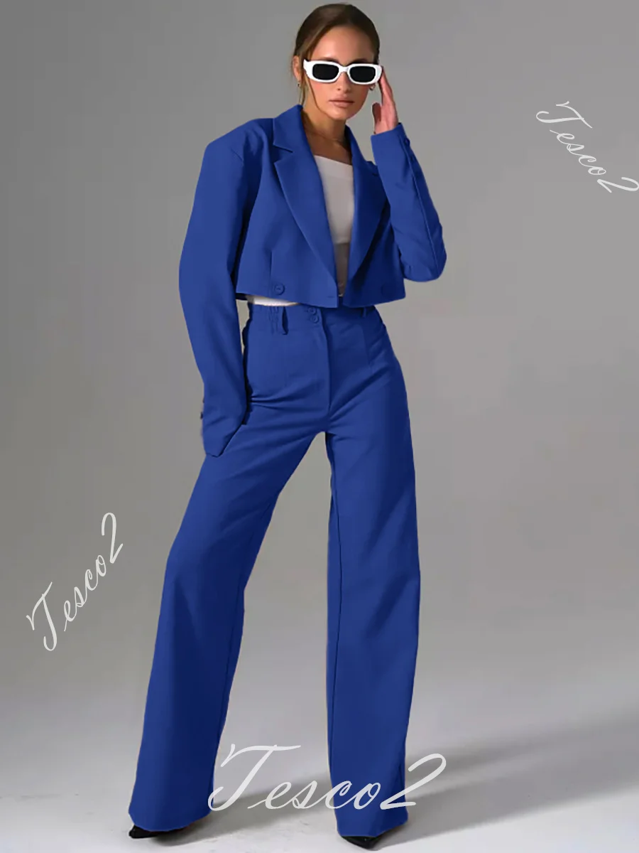Tesco Office Pantsuit For Women Spring Short Crop Top+High Waist Wide Leg Pants Casual Double Breasted Blazer Women Chic Outfits