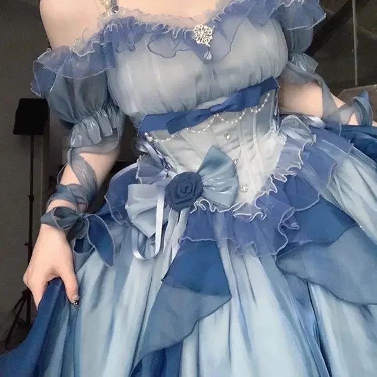 Dophee Original Lolita Trailing Puffy Dress Women Short Front Long Back Princess Blue Flower Wedding Dress Elegant Off Shoulder