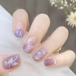 24Pcs Purple Short Round False Nails With Aurora Flower Design Detachable Korean Press On Nails Fake Acrylic Manicure Tips