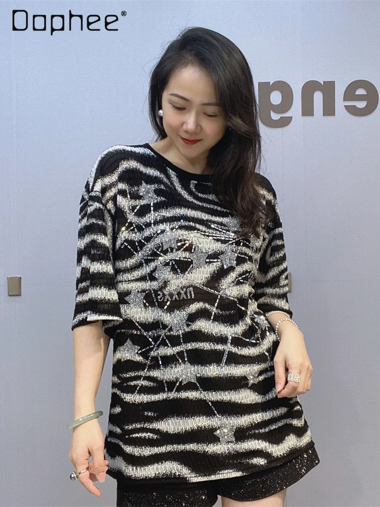 

Zebra Pattern Round Neck Pullover Short Sleeve Top Summer High Elastic Rhinestone Casual Half Sleeve T-shirt Women's Clothing