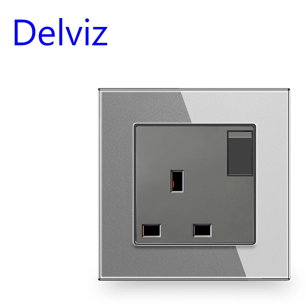 Delviz Switch control Power Socket, 86mm*86mm Tempered glass Panel,AC 110-250V Electric plug Outlet, UK Standard 13A Wall Socket