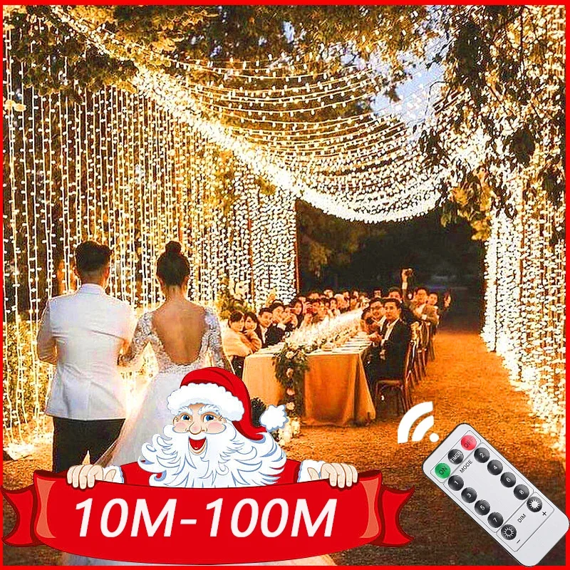 Guirnalda de luces LED para Navidad, guirnalda de luces de hadas para exteriores, calle, árbol para jardín, fiesta de boda, Patio, decoración de Año Nuevo, 5M-100M