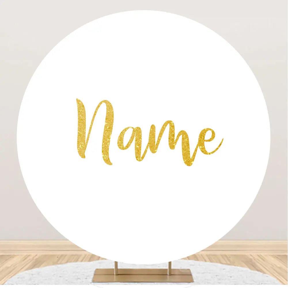 Photo Backdrop Elastic Polyester Circle or Vinyl Square Backdrop Photography Baby Shower Kids Birthday Background Gold Name Party Banner
