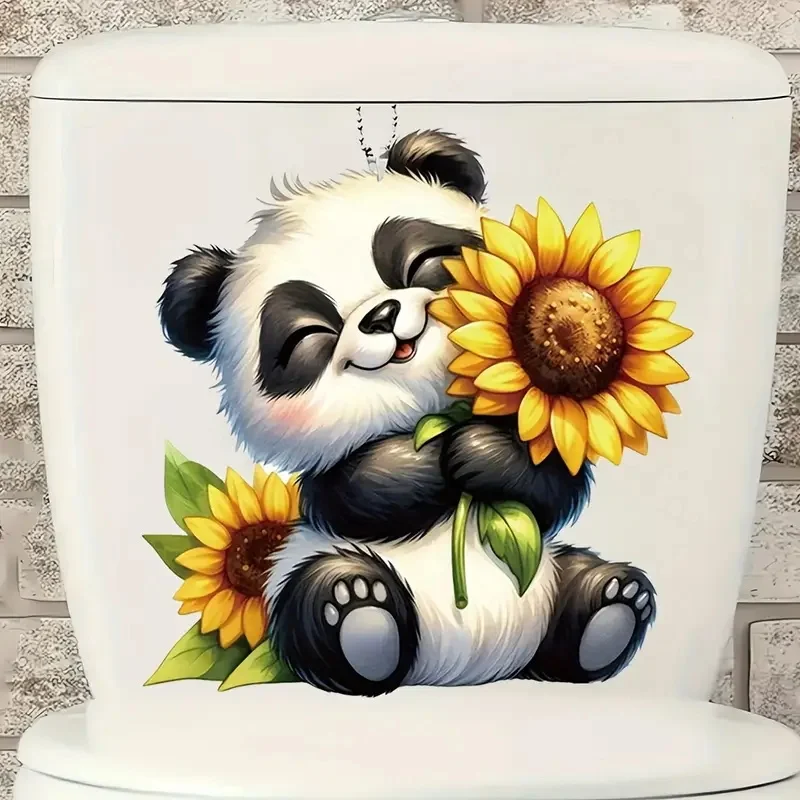 Cute Panda Sunflower Toilet Lid Decal PVC Self-Adhesive Waterproof Bathroom Sticker
