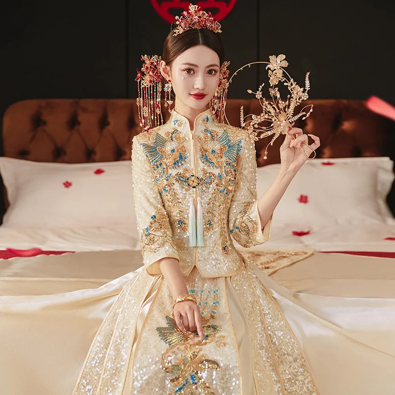 Yourqipao Gold Embroidery Chinese Traditional Dress Wedding Sets Cheongsam Bridal Dragon Phoenix Vintage Women китайская одежда