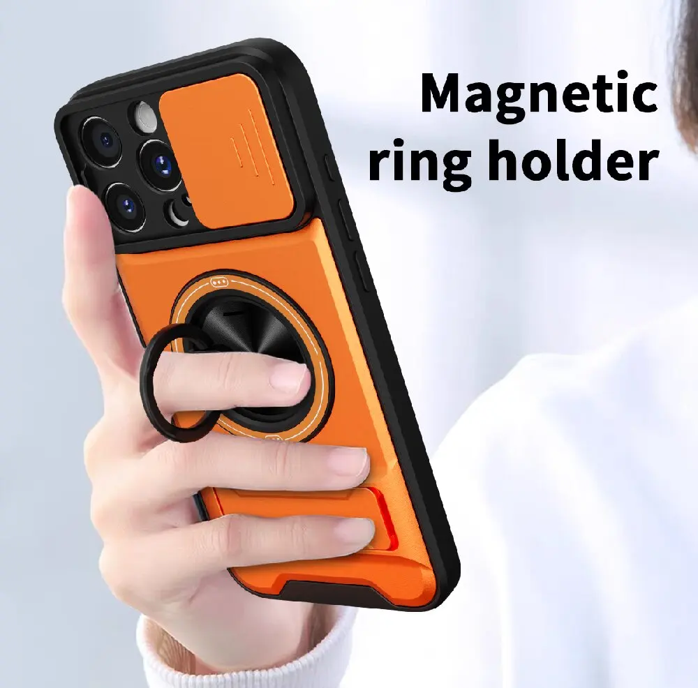 Armor Rugged Shockproof Magnetic Phone Case with Rotatable Ring Stand Cover and Camera Lens Protection