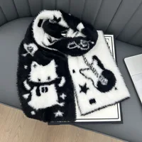 Japanese Cat Guitar Pattern Knitted Scarf Two Tone Versatile Warm Windproof Cold Proof Autumn Winter Scarf For Students