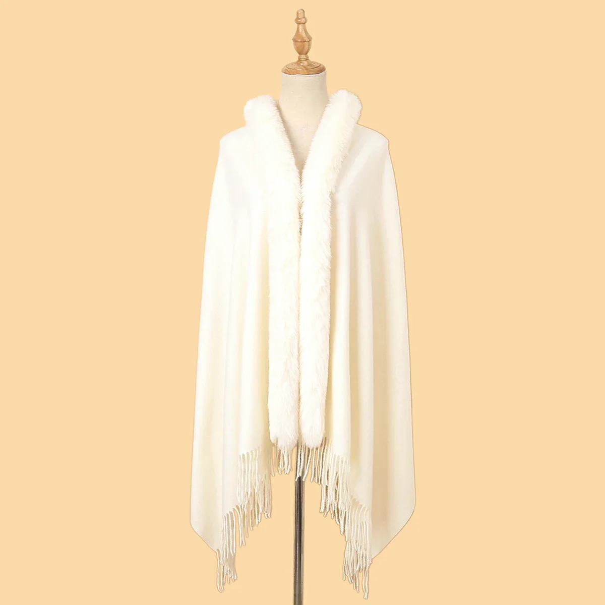 thumbnail image 1 of Suéter de punto con flecos y cuello de piel para invierno, elegante cárdigan largo con mangas de murciélago, capa informal de pata de gallo, 1 of 4