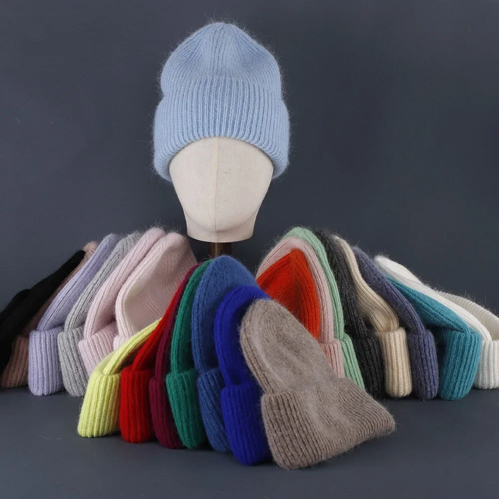 Flauschige Mützen für Damen, Erbsen, Angorakaninchenfell, Strickmütze, warm, verdickt, weich, Wollmütze, glänzende Paar-Strickwaren für Herbst und Winter – Detail 11