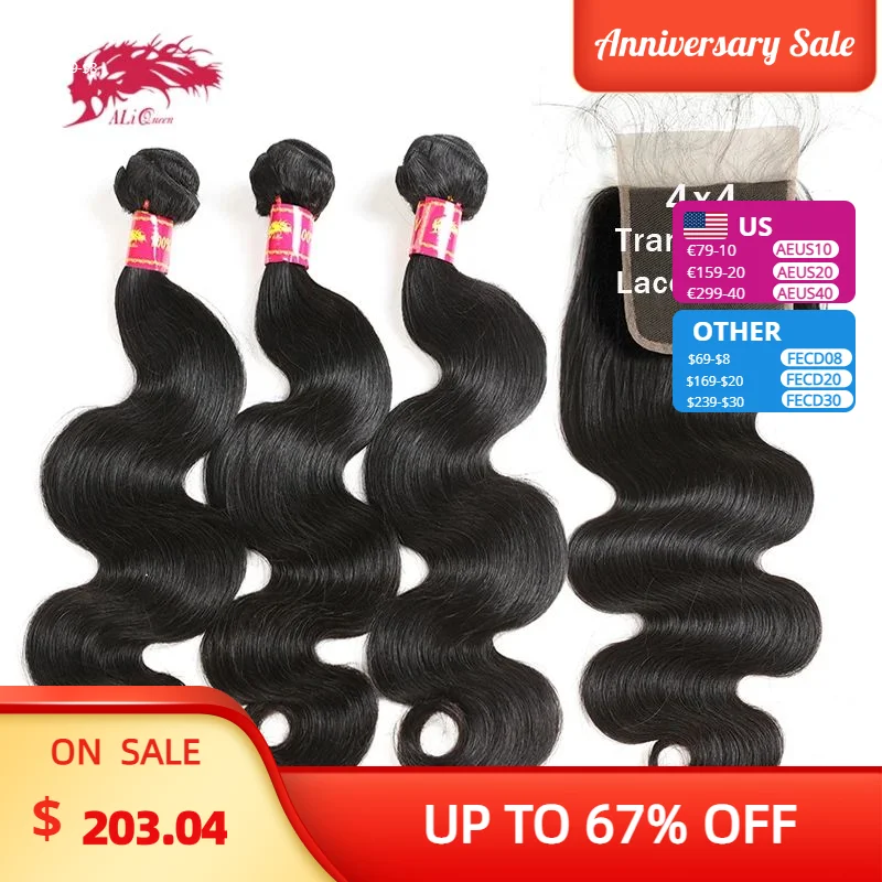 

Ali Queen Hair HD Transparent Lace Closure With Human Hair Bundles Brazilian Body Wave Raw Virgin Hair Bundles With Closure