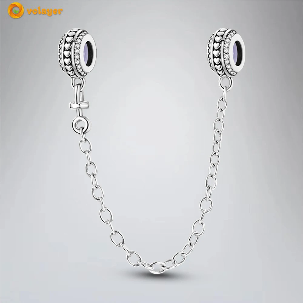 

Volayer 925 Sterling Silver Beads Heart-shaped Double Row pavé Safety Chain fit Original Pandora Bracelets for Women DIY Jewelry