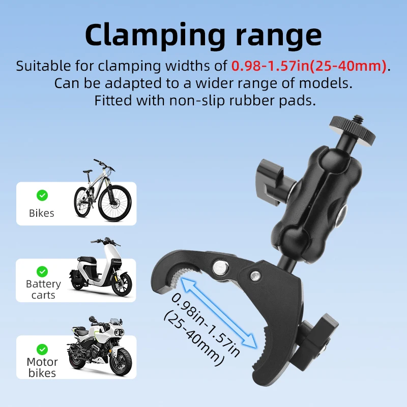 Vue rapprochée du support guidon vélo pour action cam, rotule 360° en aluminium et système de serrage.