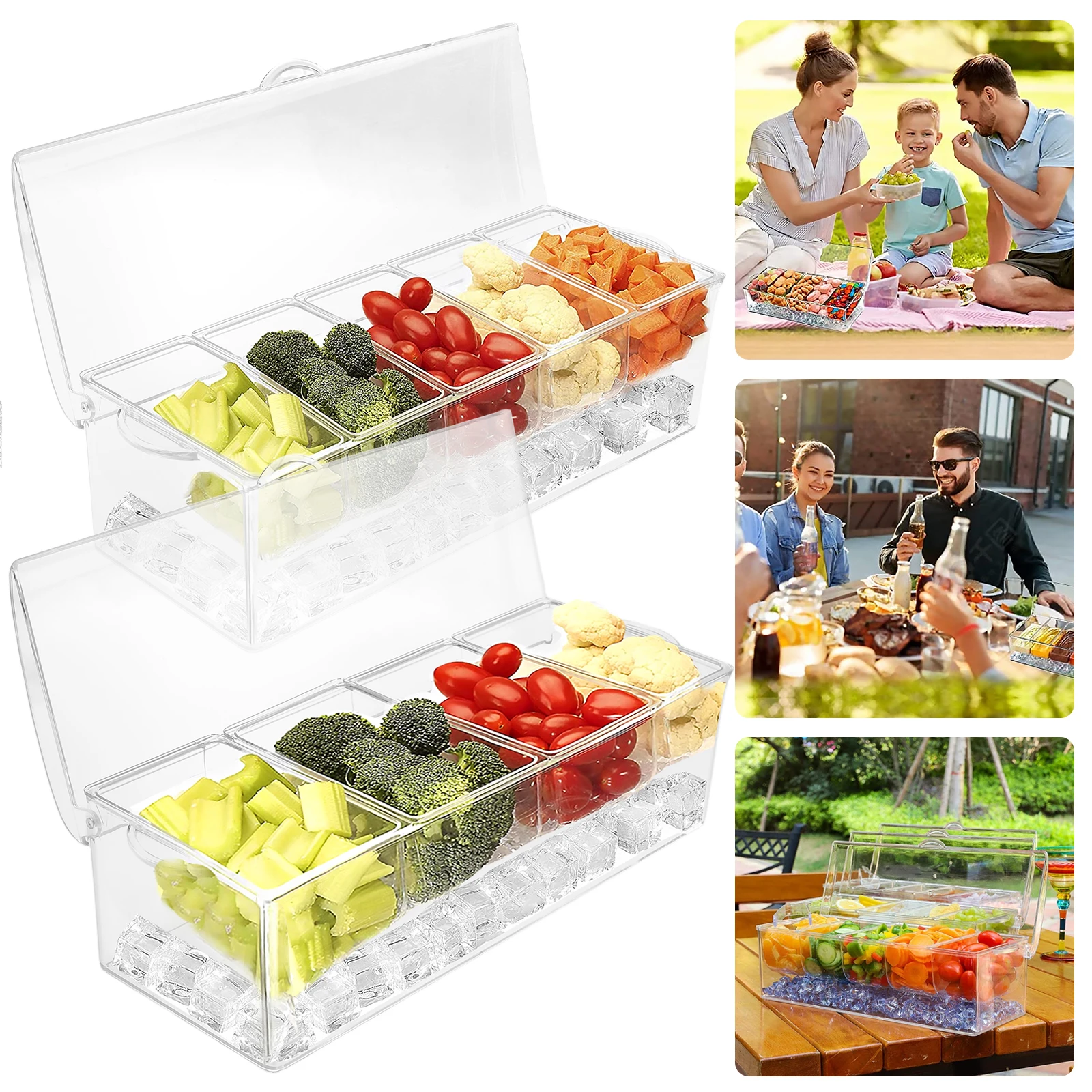 

4/5 Tray Condiment Server with Lid Removable Compartments Reusable Chilled Condiment Caddy Clear Food Grade Fruit Serving