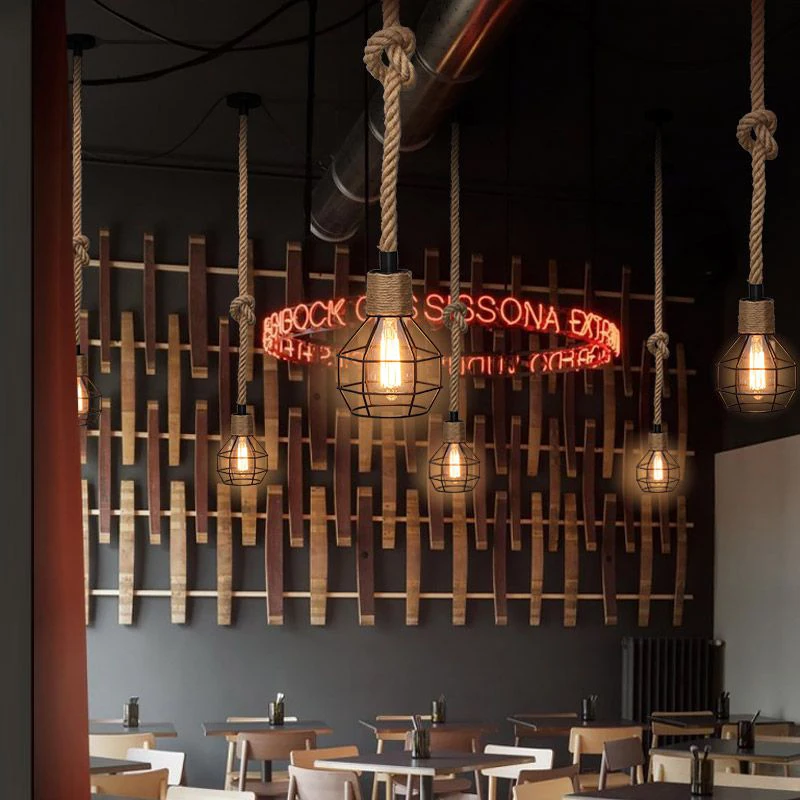 Vintage Hemp Rope Pendant Lights Attic Personality Industrial E27 Indoor Lightings For Loft/Living Room/Bar Retro Hanging Lamp 4