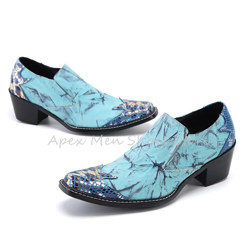 Retro Blue Square Toe Chunky Heel Men's Loafers Spring New Snake Pattern Slip On Brogues Cowhide Casual Footwear Large Size