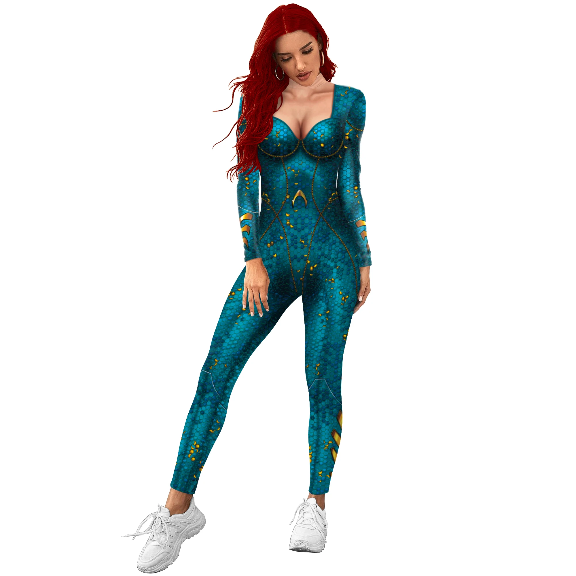 Zawaland Cosplay Funny Costume Women Carnival Green Digital Printing Jumpsuit Female Holiday Party Long Sleeve Bodysuit Onesie