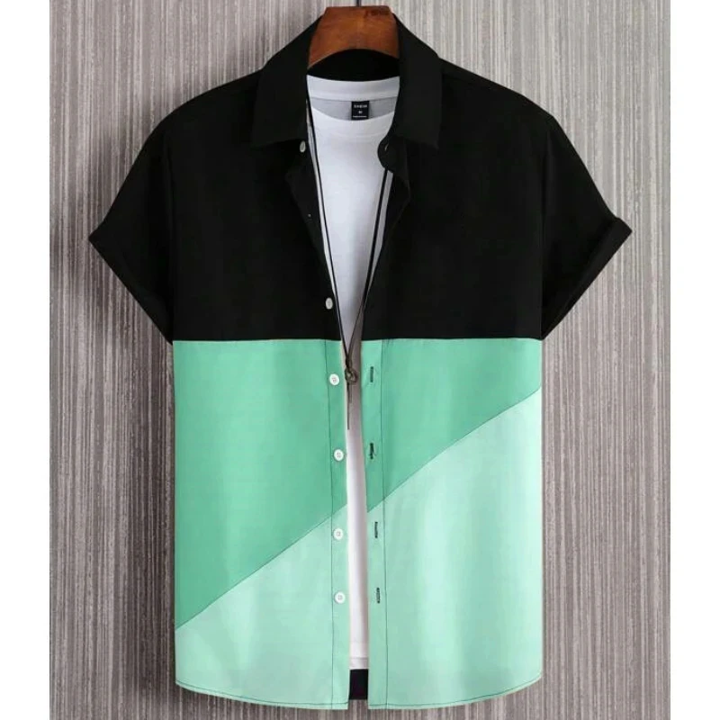 thumbnail image 1 of Camisa con estampado 3D de empalme de contraste de color de moda nueva de verano 2024 para hombre, versátil, informal, holgada, versátil, con cuello abatible y botones, 1 of 5