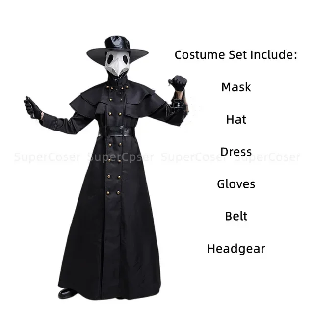 Halloween Medieval Hooded Robe Plague Doctor Costume Mask Hat for Men Monk Cosplay Steampunk Priest Horror Wizard Cloak Cape 5XL