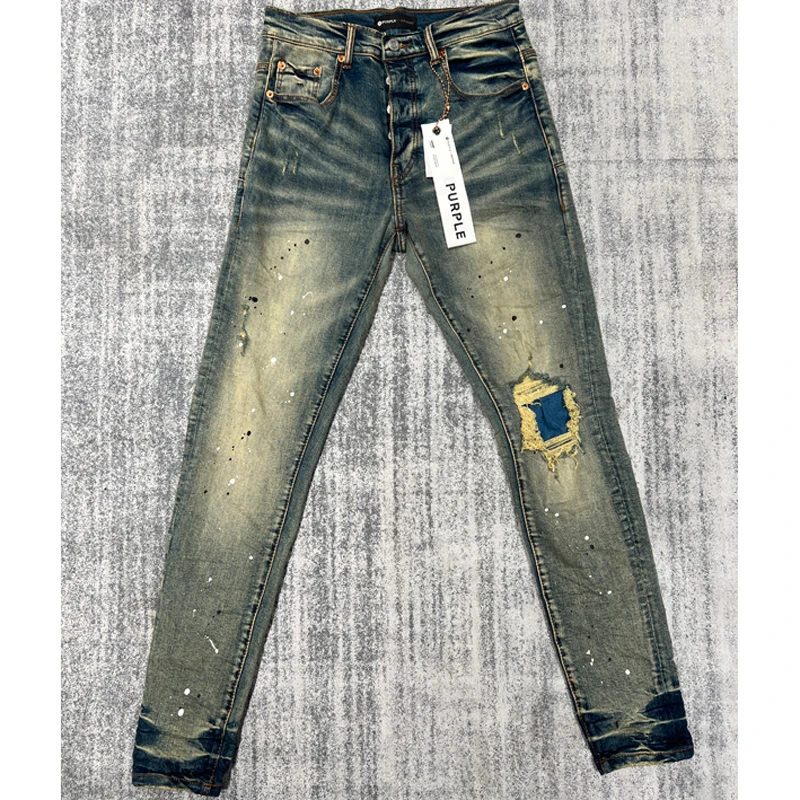 

Retro Hip Hop Style Purple Brand Jeans Personality Ripped Seam Fabric Stretch Trousers Washed Do Old Denim Pants Real Photo