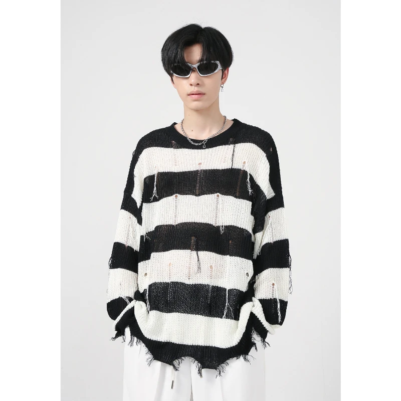

Korean Style Loose Striped Tassel Ripped Pullover Knitted Sweater, Personalized Versatile Sweatshirt, Comfortable Niche Pullover