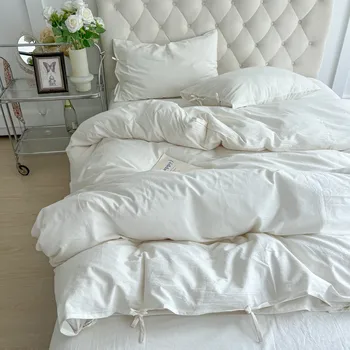 White Minimalist Comforter Cover Set Twin Queen Size, 4PC Bedding, Hotel Luxury, Extra Soft Flat Sheets/Fitted Sheet Pillowcases 1