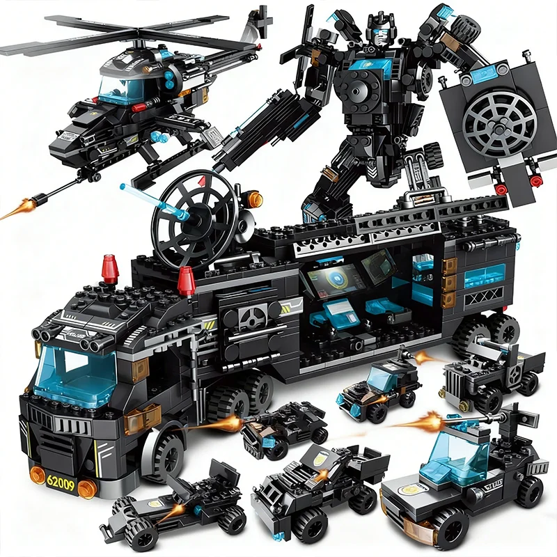 8 in1 Military Police Building Blocks Set Model Car Aircraft Mecha Transform Rob