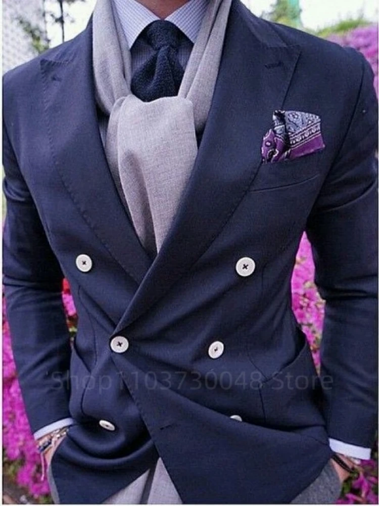 Navy Blue Men's Suit Blazer Prom Party Groom Tuxedos Peak Lapel Double Breasted Formal Bussiness Jacket for Wedding（Only Coat）