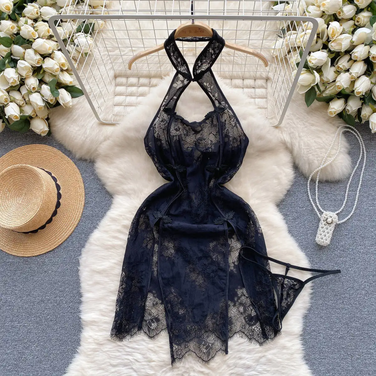 Sexy Halter Neck Lady's Mini Dress Hollow Out Sexy Lace Dress Hot Slit Bodycon Sleep Dress Women's Erotic Lingerie Pajama Dress