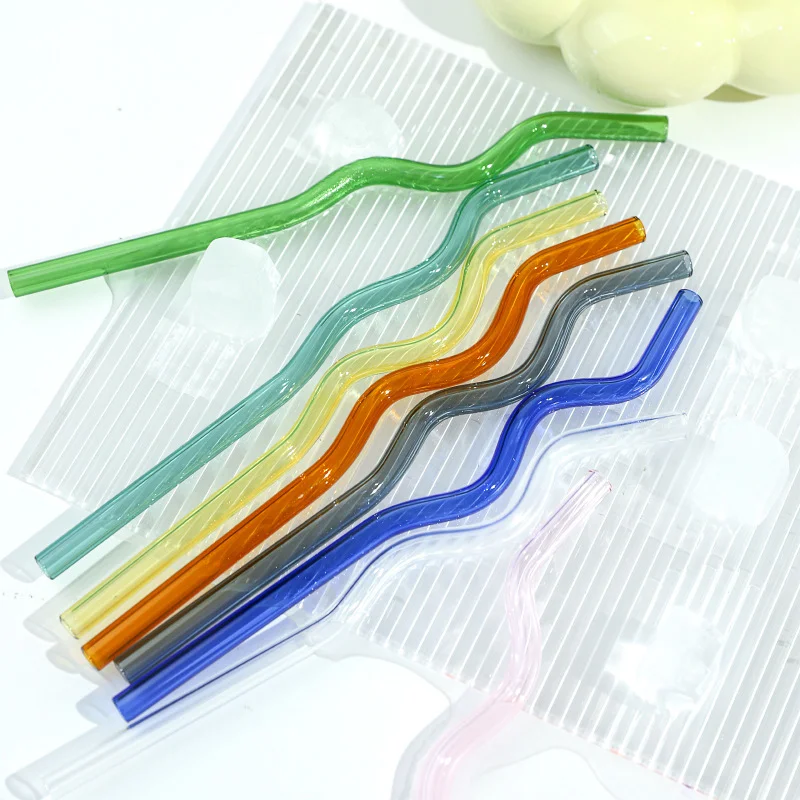 Wavy Colorful Clear Drinking Straw High Borosilicate Glass Straw Glass Tube Party Bar Drinkware Reusable Glass Straws