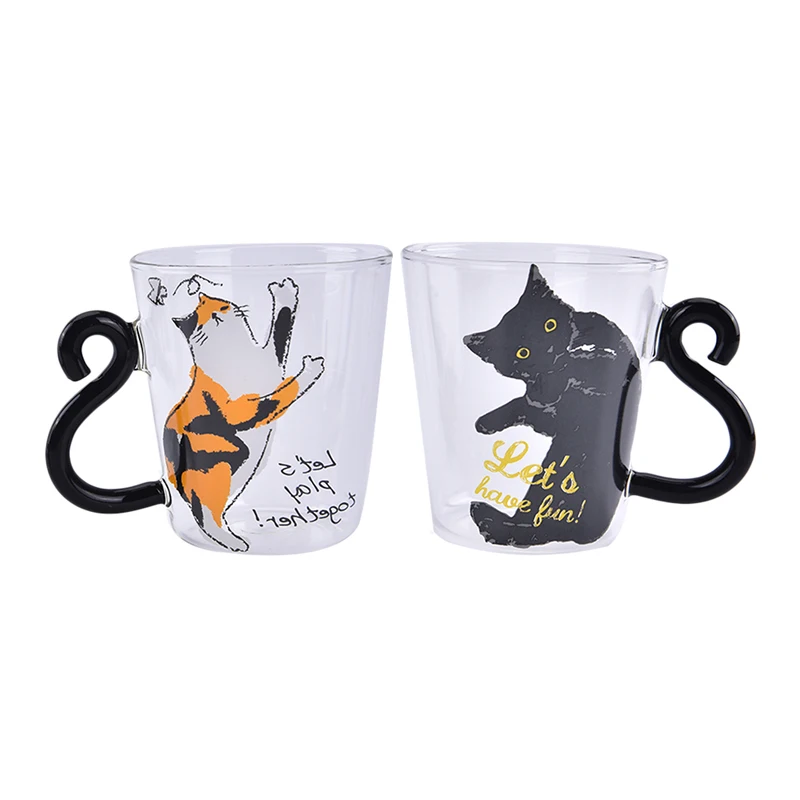 1PCS 250ml Cute Cat Glass Juice Coffee Cup Milk Tea Glass Mug Cat Tail Handle Valentine's Day Lover Gifts Stainless Spoon glass cup