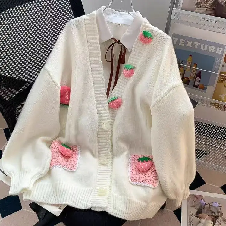 3D Pink Strawberry Cute Sweet V Neck Long Sleeve Knitted Cardigan Sweater Women Korean Casual Jacket Female Coats Autumn Winter 2