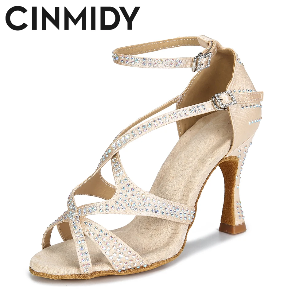 CINMIDY Salsa Dance Shoes Ballroom Dance Heels For Dancing Tango Chacha Latin Shoes Party Soft Sole Satin Sandals