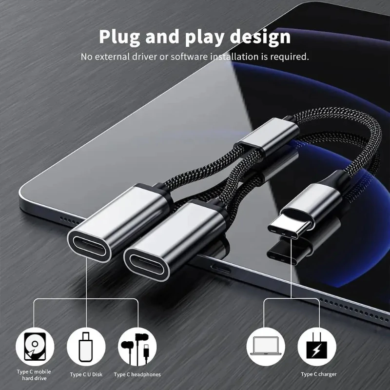 Dual USB-C Female Splitter Hub - Portable USB-C Male to Dual Port Adapter