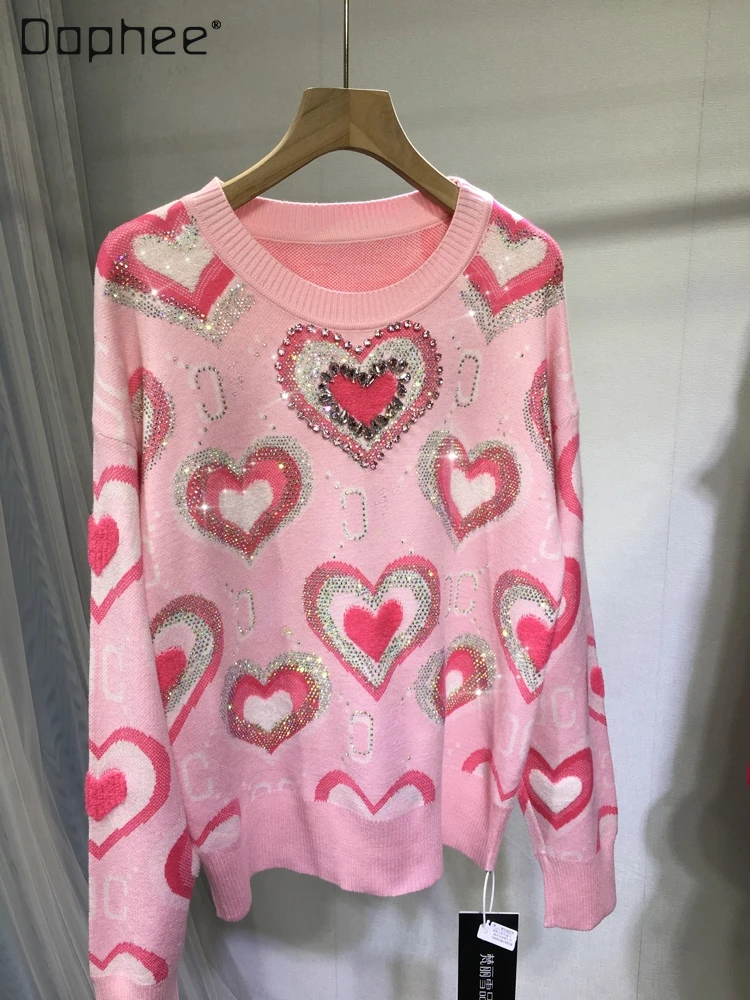 

Heavy Industry Beads Sweater Female 2023 Autumn Winter Shiny Cute Pink Heart Round Neck Long Sleeve Sweater Top Women Clothing