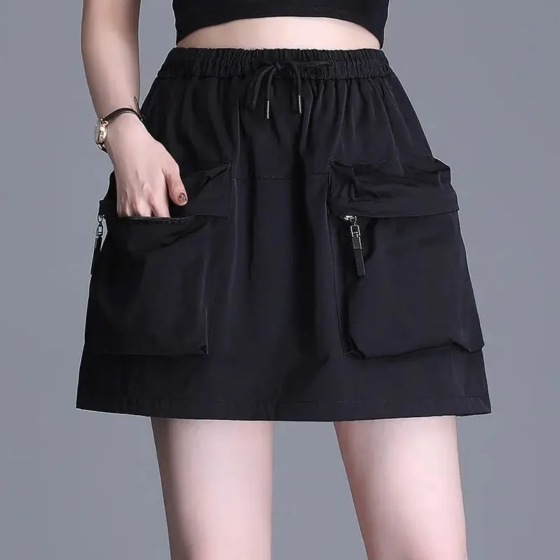 Summer New Casual High Waist Pocket Patchwork Shorts Skirts Solid Loose Lacing A-line Short Skirt Fashion Trend Women Clothing