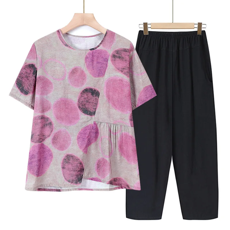 Fdfklak Mom Summer Middle-aged 6XL Big Size Women Cotton Short-sleeved T-shirt Suit Printed Pajamas Household Clothes Nightgown
