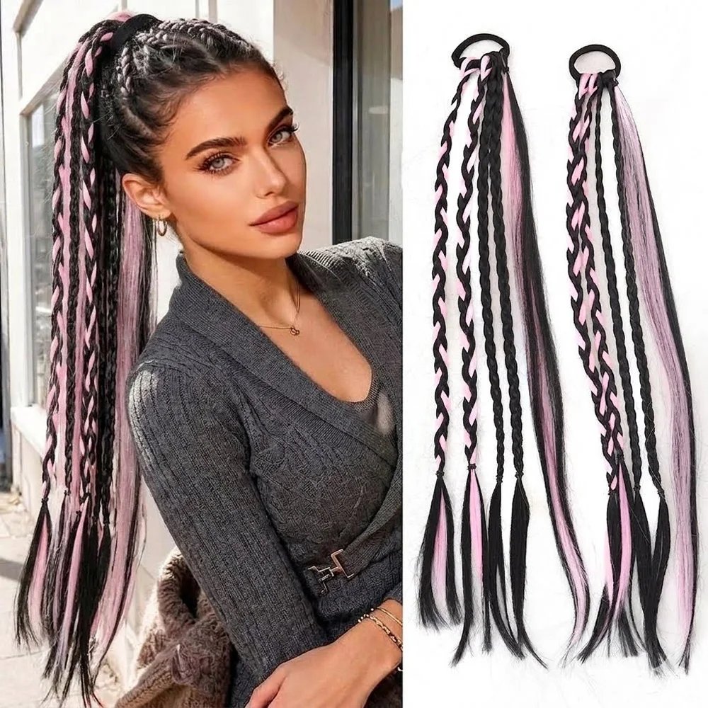 Extension per Coda di Cavallo Lunga Intrecciata, Estensioni di Capelli Sintetici, Treccine Colorate Rosso e Nero con Elastico, Accessorio per Capelli da Donna - immagine 4