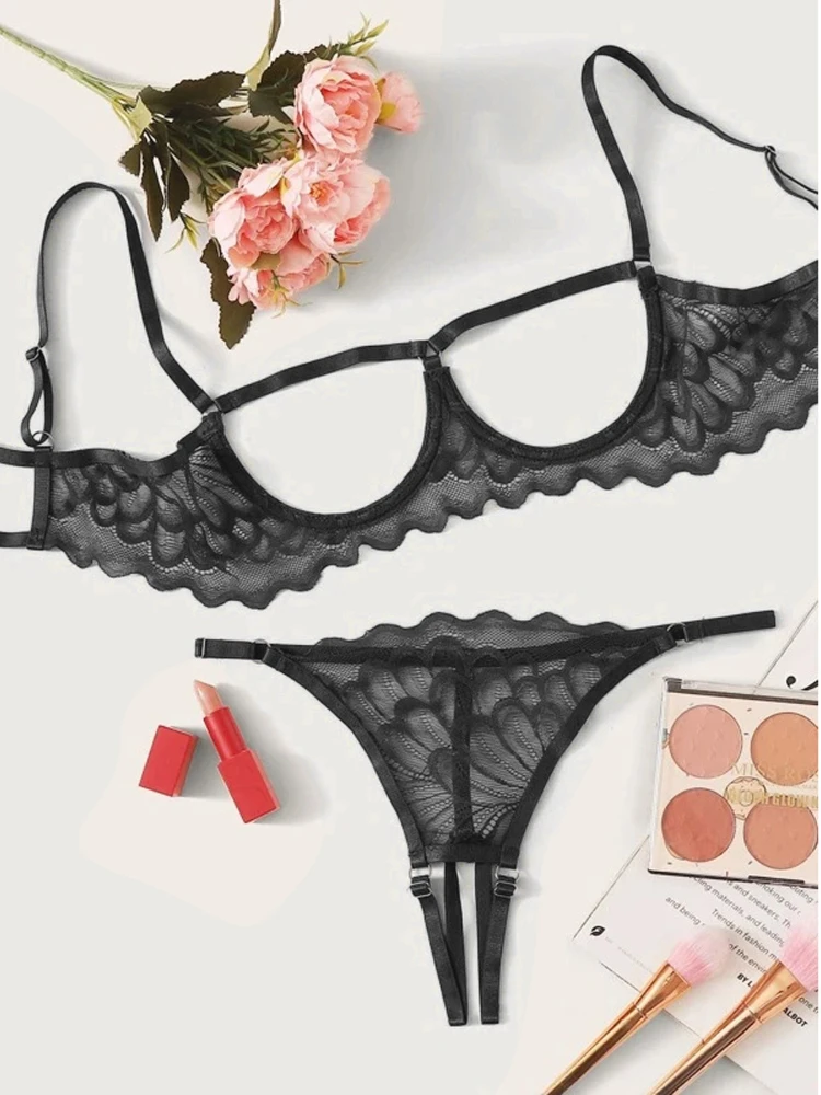 Women Lingerie Open Breast Steel Ring Bra Open Crotch Panties G-string Lace Sexy Push Up Lingerie Set