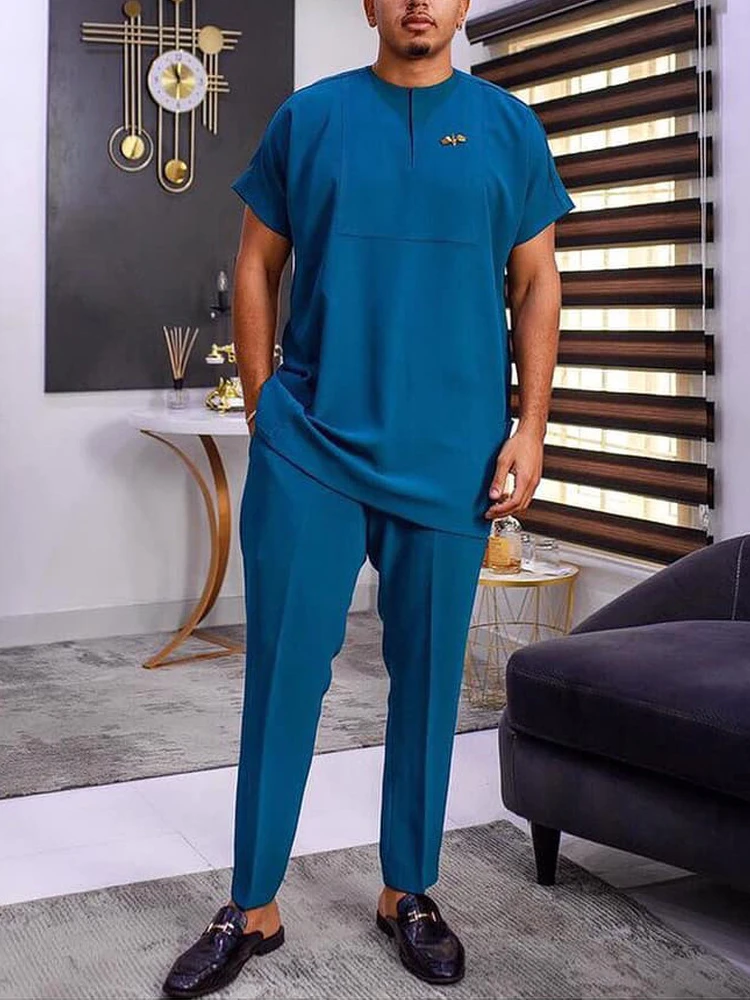 African Ethnic Style Solid Color Combination Simple Casual Men's Robe Muslim Fashion  Saudi  Qamis Homme Musulman 2023 New