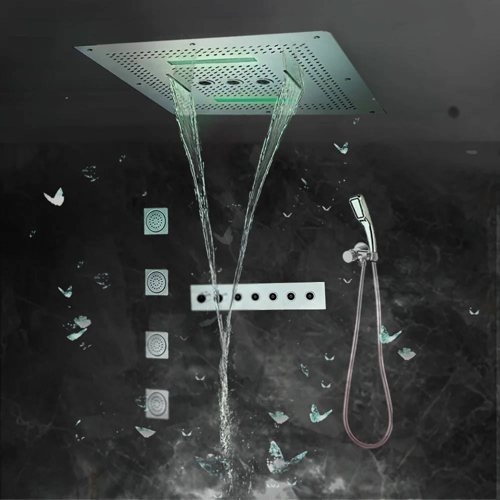 Thermostatic Concealed Shower System Bathroom For LED Ceiling Rain Shower Head Waterfall 6-way water outlet Faucet Massage Jets
