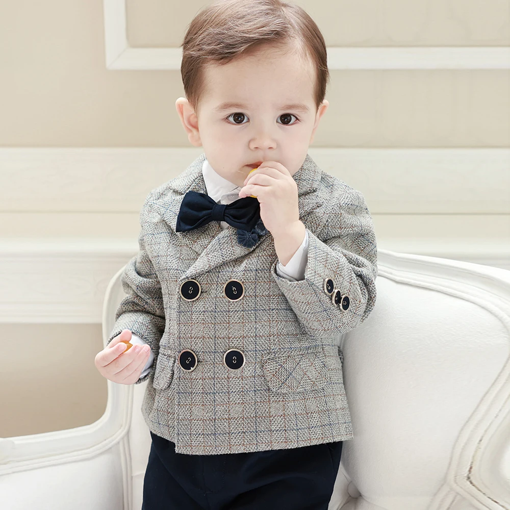 1-4Y Children Formal Plaid Suit Set Boys Wedding Birthday Party Performance Photography Costume Kids Blazer Pants Bowtie Clothes for boys suits