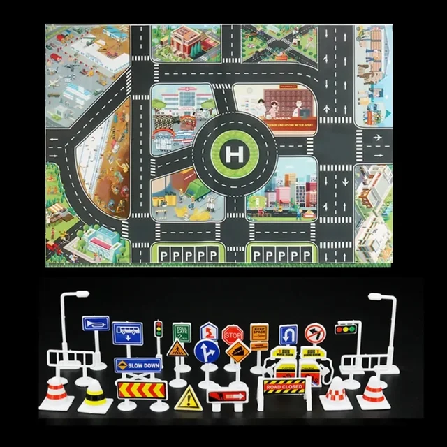 Tapis de jeu pour bébé, tapis de carte de route de circulation urbaine, tapis de stationnement de voiture de ville, panneaux de signalisation, tapis de jeu d'escalade pour bébé 2