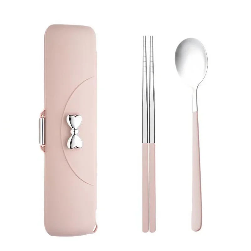 Juego de cubiertos de acero inoxidable con cuchara, tenedor y palillos, caja de almacenamiento, juego de cubiertos portátil de regalo para viajes al aire libre, camping y escuela._voghion.com