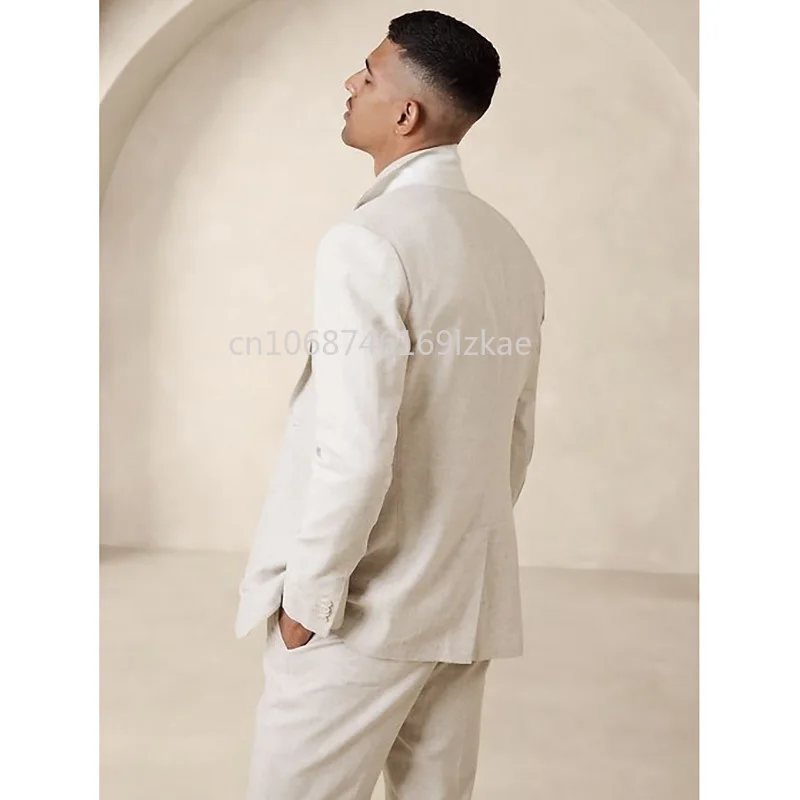 Beige Notch Lapel Single Breasted Men's Suits  Slim Fit Wedding 2 Piece Jacket Pants Set Custom Made Terno Full Set  Linen Suit