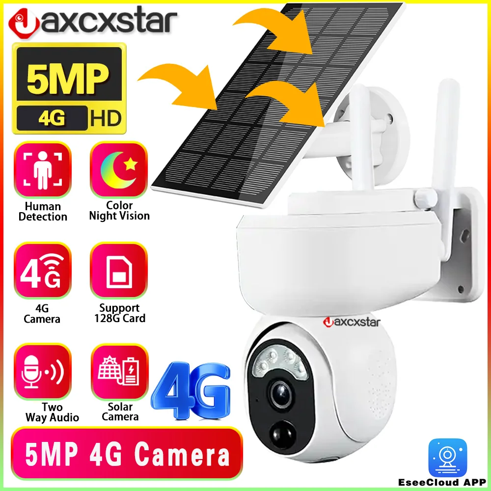 

5MP 360 Rotate PTZ Solar Camera 4G SIM Card Motion detection Alarm Recording Color Night Vision CCTV Security Waterproof Camera